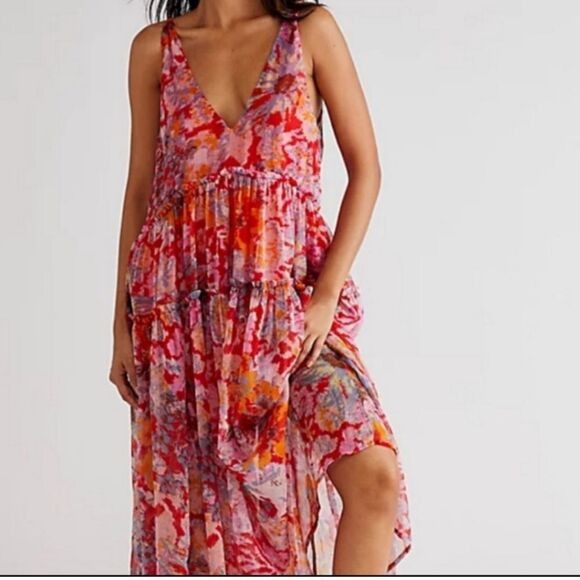 Free People Julianna Maxi Dress Ruffled Tiers V Neck Floral Print Cherry Small - Picture 12 of 13